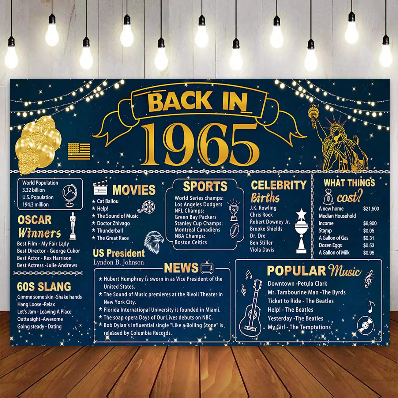 Back in 1965 Backdrop 60th Birthday Party Decor Banner Poster Blue Pink Purple Black Gold Background for Women Men 60 Years Old