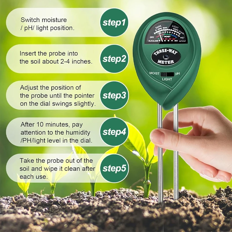 3-in-1 Pflanzenfeuchtigkeitsmesser, pH-/Lichtmessgerät, Bodentestkit für Zimmerpflanzen, Bodenfeuchtigkeitsmesser für Hauspflanzen, Garten, Rasen, Bauernhof
