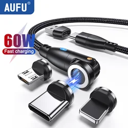 AUFU 540 Rotate Magnetic Type C Cable PD 60W Fast Charging Cord for Macbook Samsung Xiaomi iPhone Magnet Charger Wire USBC Cable