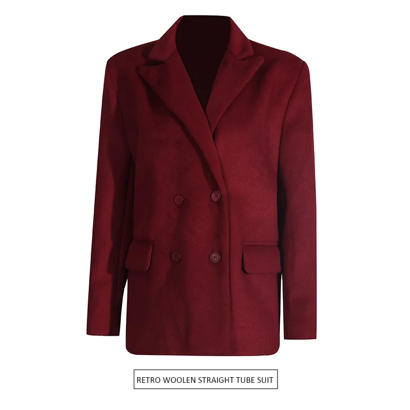

French retro high-end suit autumn solid temperament straight versatile woolen blazer women outerwears ropa mujer woman clothes