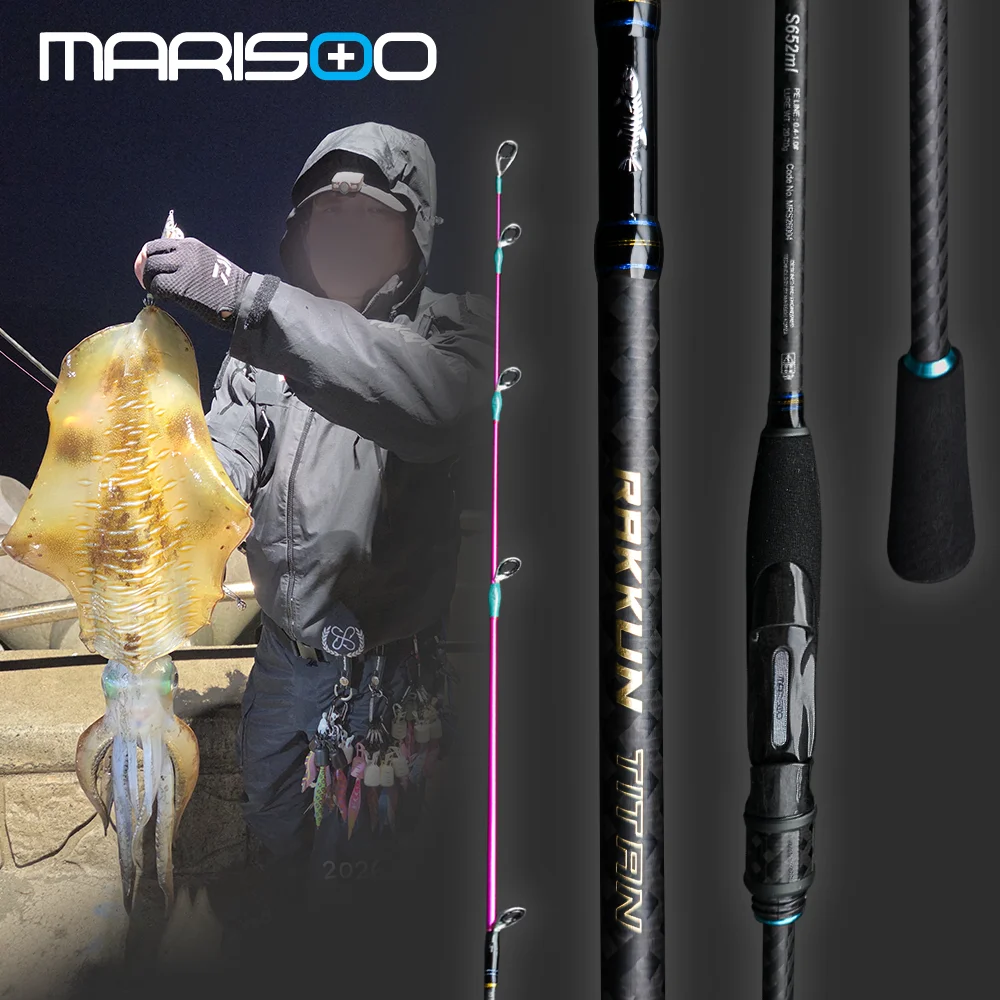 MARISOO RAK KUN TITAN II Spinning Squid Lure Rod, 40T+46T Carbon Fiber, 2 Sections, Fuji Guides, Ultra Light 88g