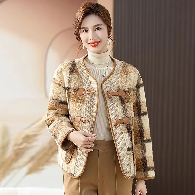 

Autumn Top Woolen Coat Coat Women's Round Neck Versatile Casual Print Elegant Versatile Coat Trendy JJ836