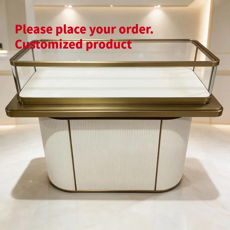 custom.Luxury Fluted Pedestal Glass Display Showcase Brushed Gold Frame Oval Base Jewelry Watch Modern Boutique Shopfitting Furn