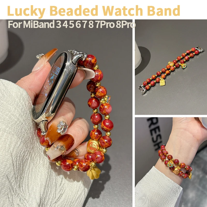 New Year's Red Beaded Strap for Xiaomi Mi Band 6 7 8 5 4 3 Luxury Women Bracelet for Mi Band 7 8 Pro Jewelry Blessings Wristband