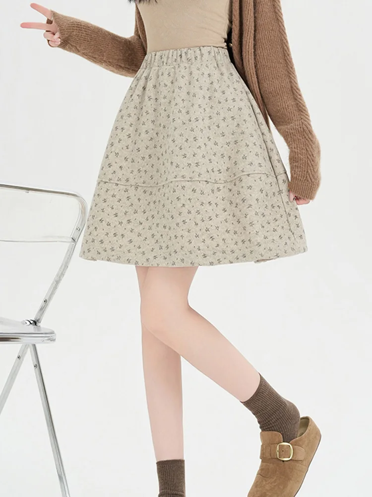 

Sweet Floral Faux Woolen Skirt Women Vintage High Wist Elegant A Line Skirts Fall Winter Korean Preppy Style Sexy Mini Skirt New