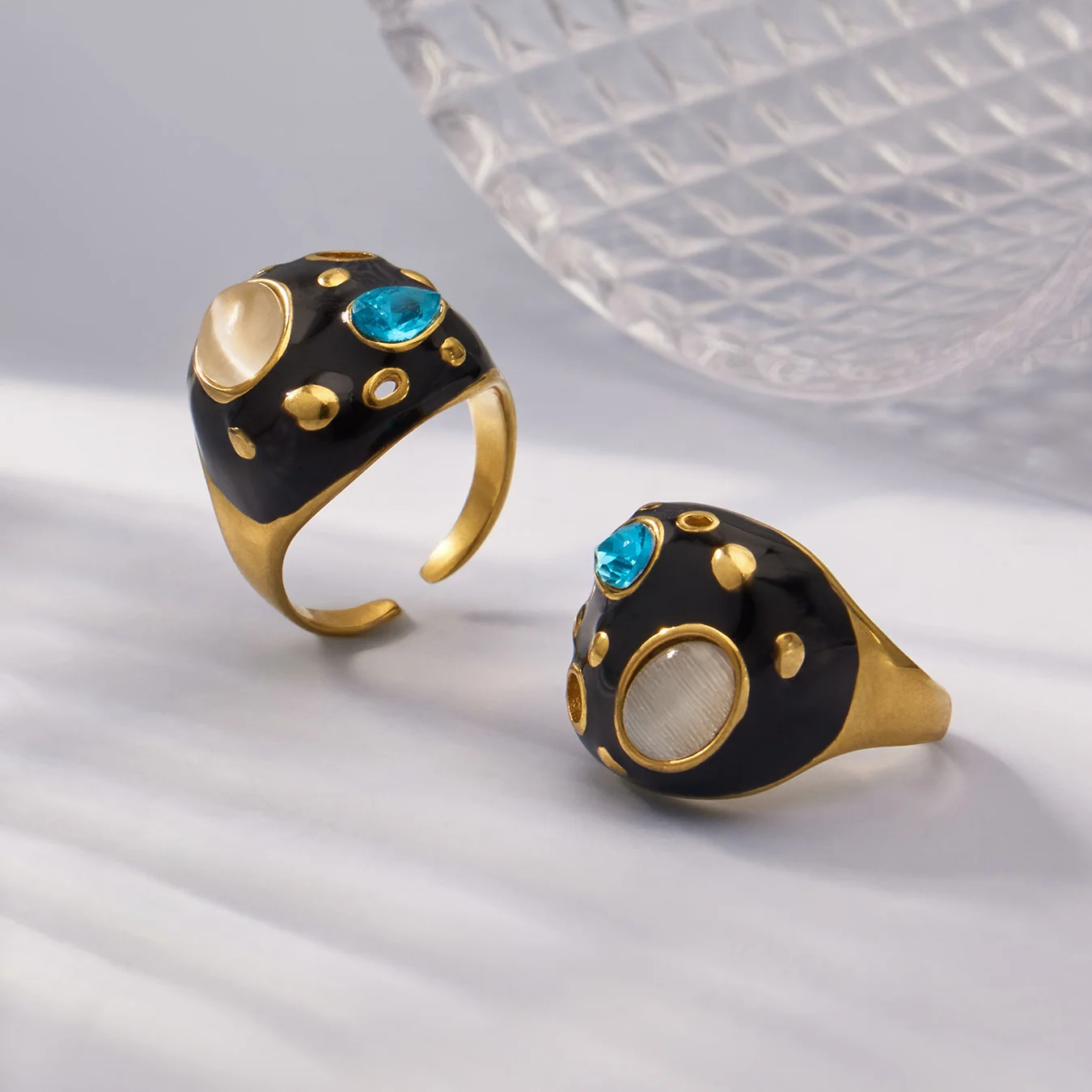 Nivora Schwarzfarbene Glasurringe für Frauen, Edelstahl, Tigerauge-Stein, wasserdicht, Damenringe, Hochzeitsschmuck, Großhandel – Detail 15