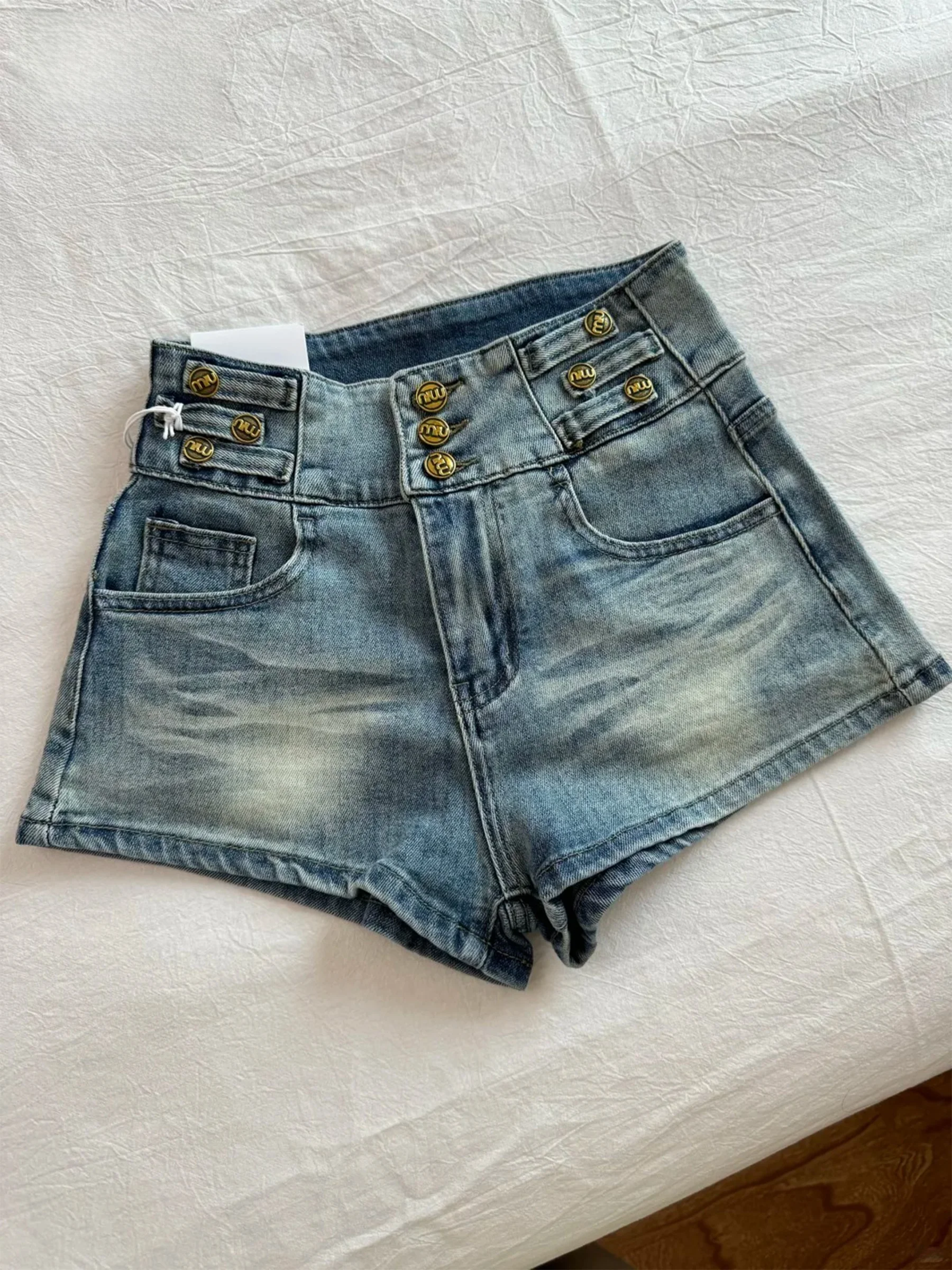 

Синие американские ретро-шорты из тонкого денима для женщин, с высокой талией, эластичные, свободные, утягивающие, летние, повседневные, с высокой талией