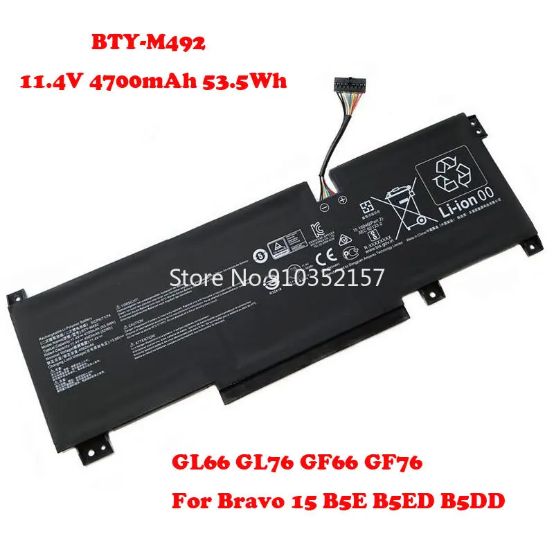 

Laptop Battery For MSI GL66 GL76 GF66 GF76 BTY-M492 Bravo 15 B5E B5ED B5DD 11.4V 4700mAh 53.5Wh