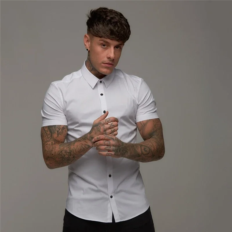 Summer Fashion Slim Fit Button Short Sleeve Shirts Men Casual Sportswear Dress Shirt Male Hipster Shirts Tops Fitness Clothing