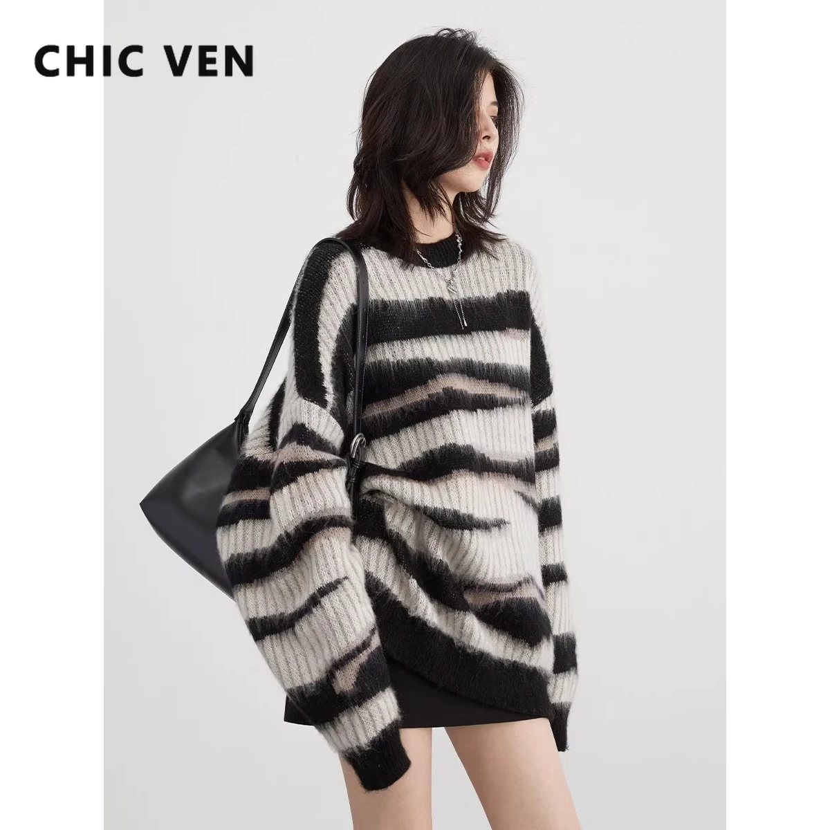 CHIC VEN Women Thick Sweaters Long Sleeve Pit Stripe Irregular Jumpers Lazy Knit Pullovers Female Top Autumn Spring 2023