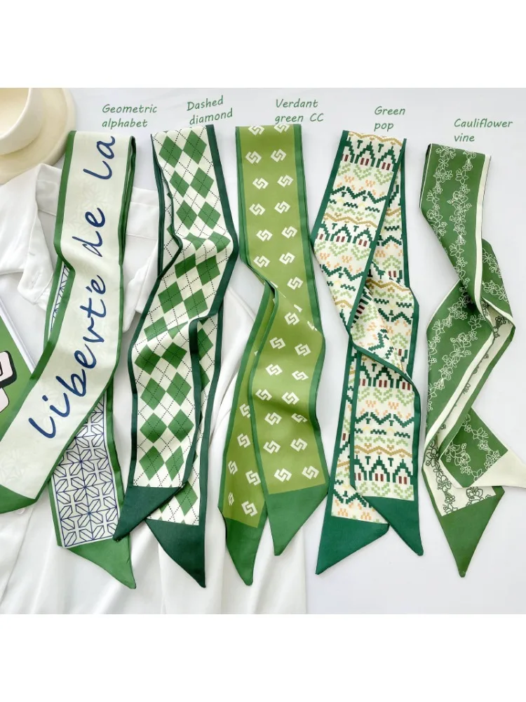 Coréen vert bandeau longue petite écharpe en soie femme version coréenne polyvalent cheveux cravate sac fleur décorative écharpe streamer