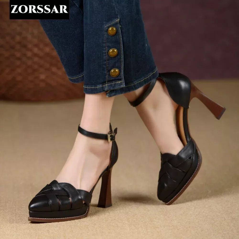 Sex High Heels Slingback Brown Women Cover Heel Ankle Strap Sandals Pointy Toe Stiletto Heeled Shoes Party Dress Shoes Woman