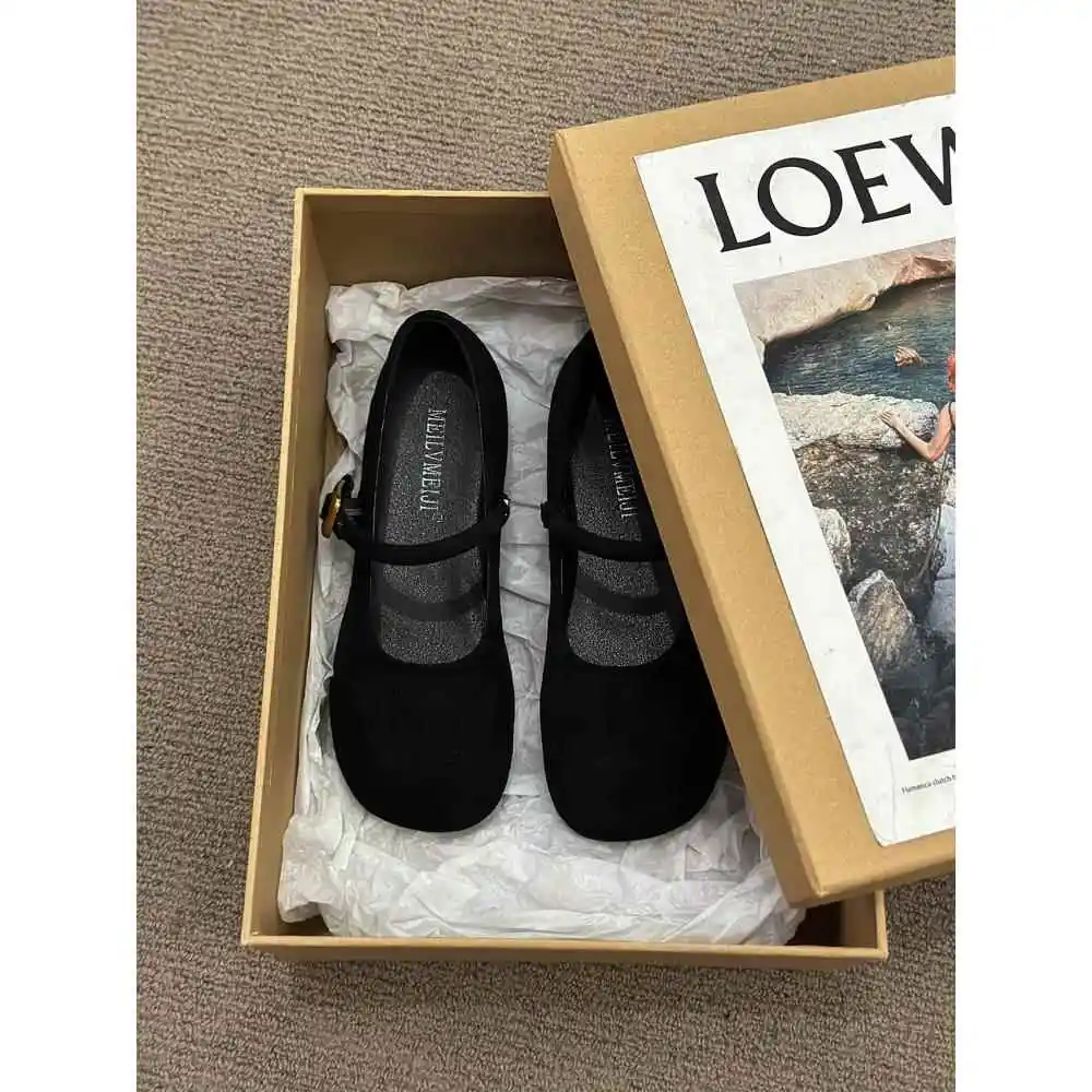 Black Soft Bottom Velvet Flat Mary Janes Women's Shoes Comfortable Retro Style Spring Fashion Single Shoes for Women