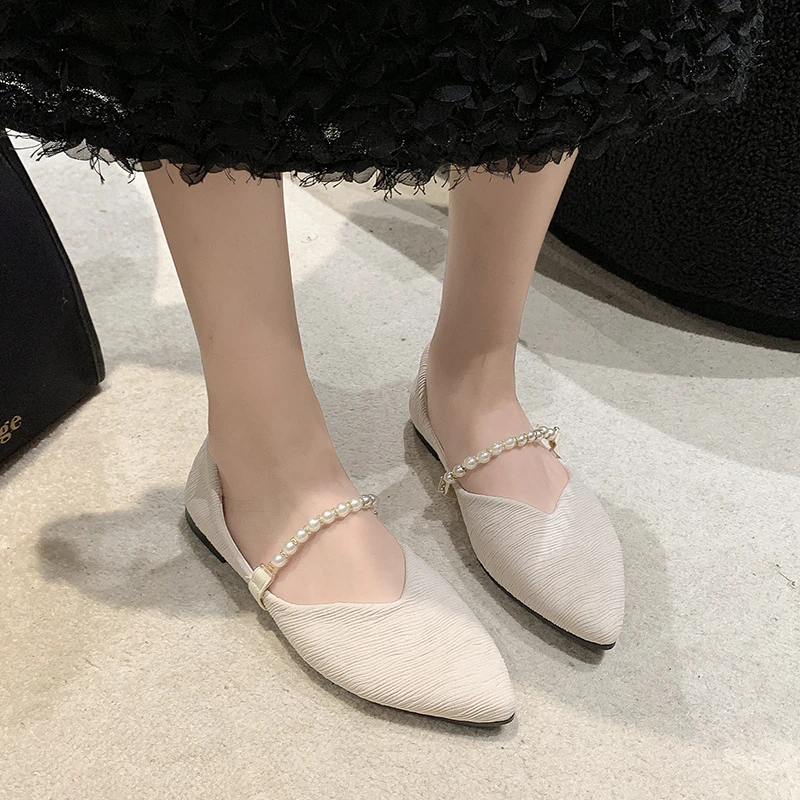 Zapatos planos de punta estrecha para mujer, calzado de verano, 2024, Perla