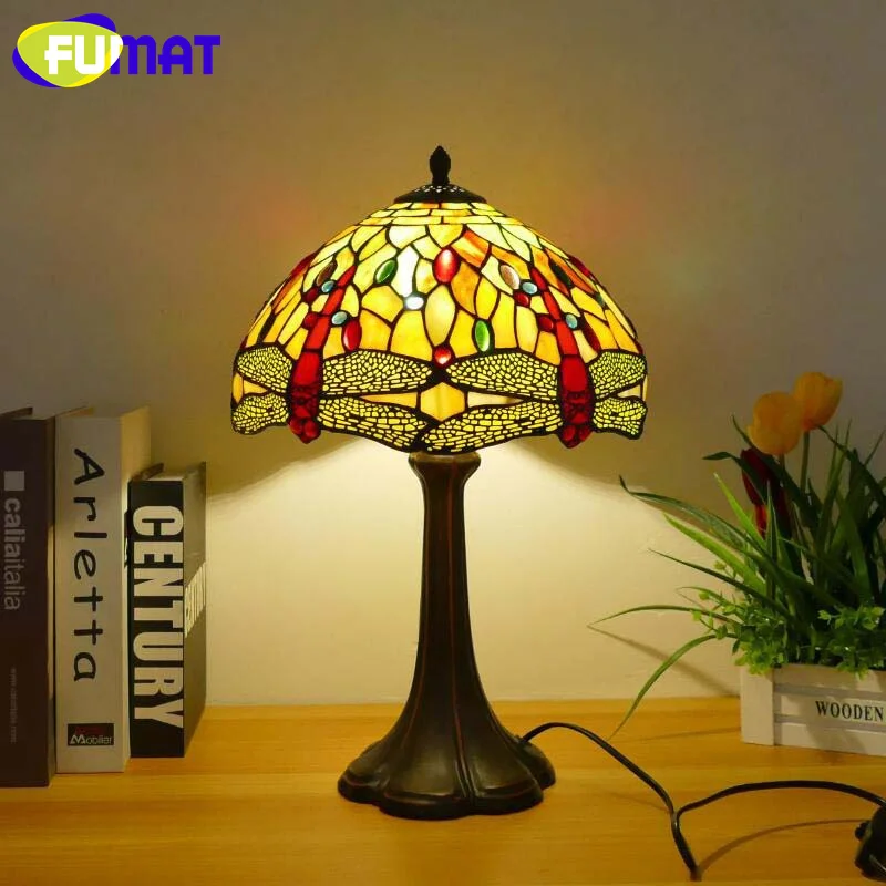 FUMAT Tiffany style stained glass American retro table lamp for living room bedroom bedside lamp restaurant cafe LED decor