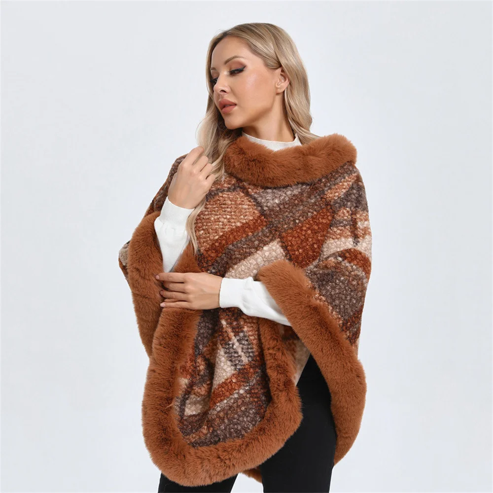 

Warm Oversize Knitted Poncho Shawl Wear Women Cape Big Pendulum Jacquard Weave Striped Faux Lamb Fur O Neck Pullover Topcoat