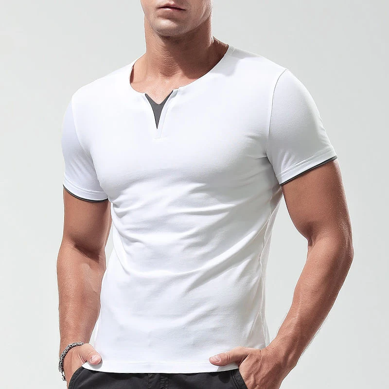 New Mens Short Sleeve Color Match Shirts Cotton Slim Fit Large V Neck TShirt Fitness Jogging Basic Crew Neck Tops