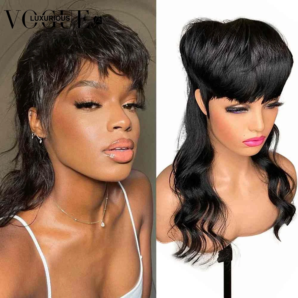 

Brazilian Remy Human Hair Wigs With Bangs For Women Short Pixie Cut Bob Full Machine Made Wig Mullet Body Wave Natural Colored