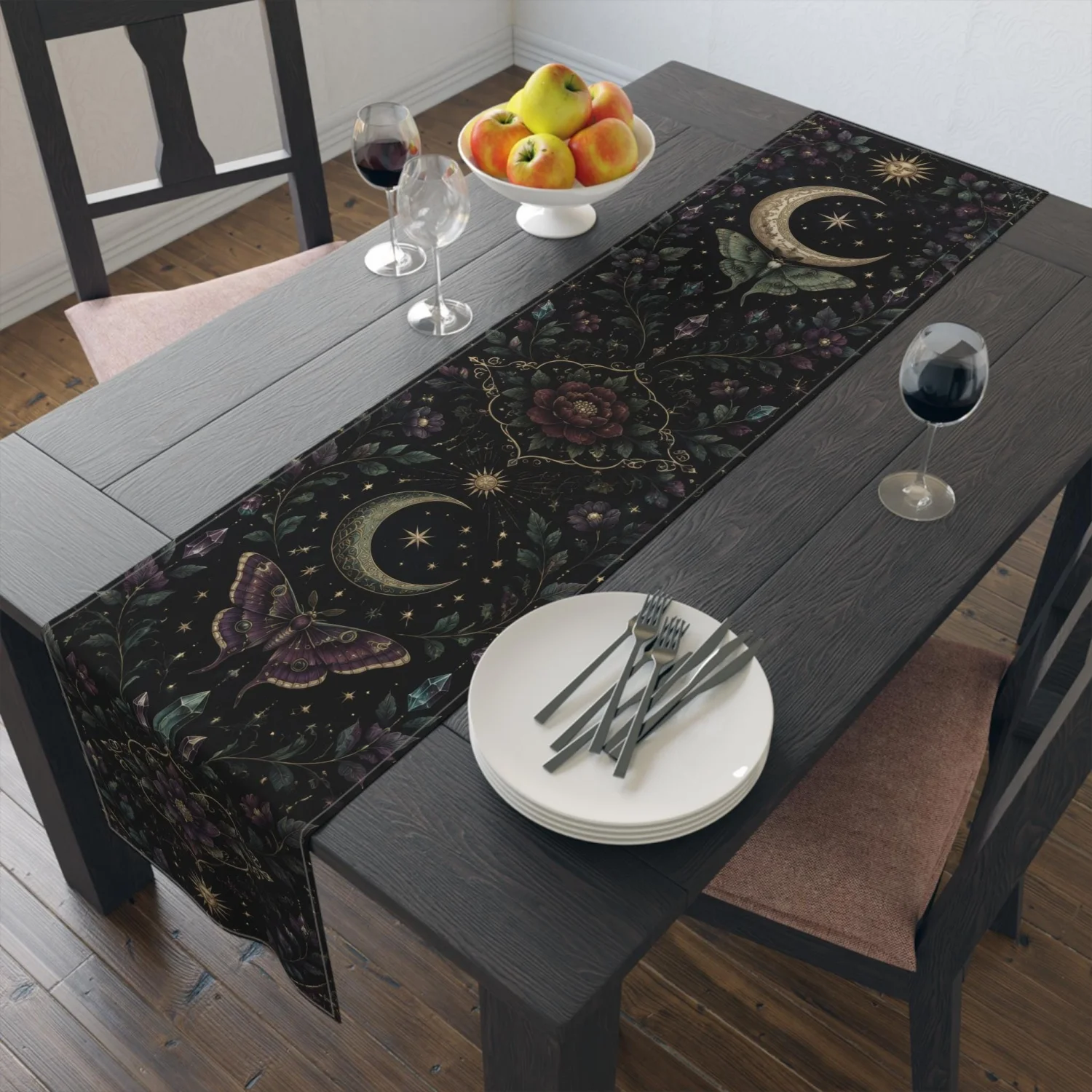 1pc Whimsigoth Moon and Moth Celestial Stars Table Runner,Gothmas celestial decor bridging Halloween into Christmas