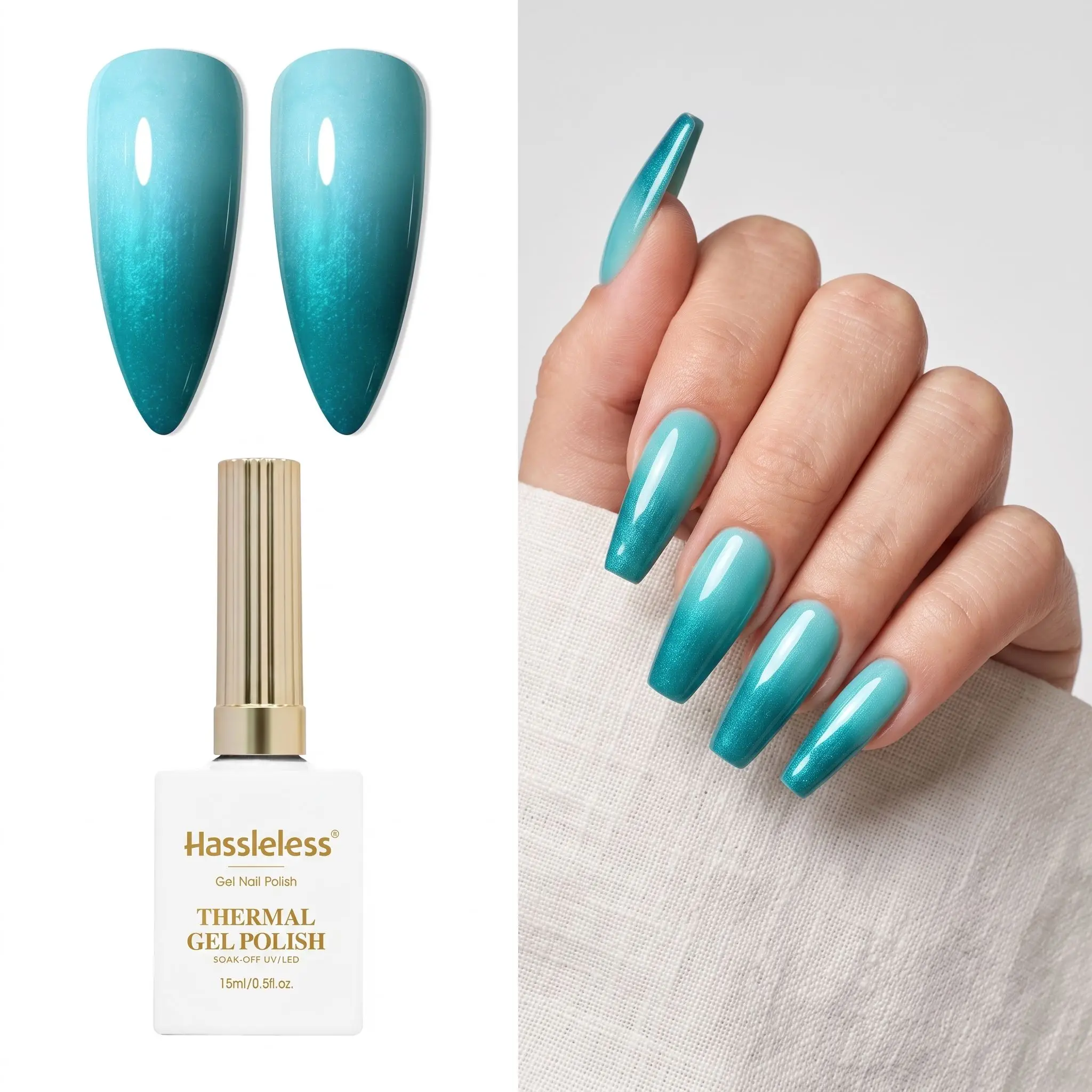 Hassleless 15ml Temperature-Changing Nail Polish, Lake Blue Teal Cat-Eye Crushed Diamond Style, Suitable for Home Nail Art Salon DIY Manicures, Rich Colors, Easy to Use