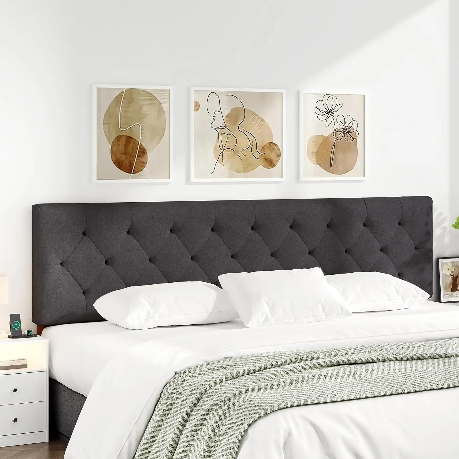 Upholstered King Headboard, Button Tufted Fabric, Wood Legs & Width Adapters, Adjustable 39-44 in, Bedroom, Customized