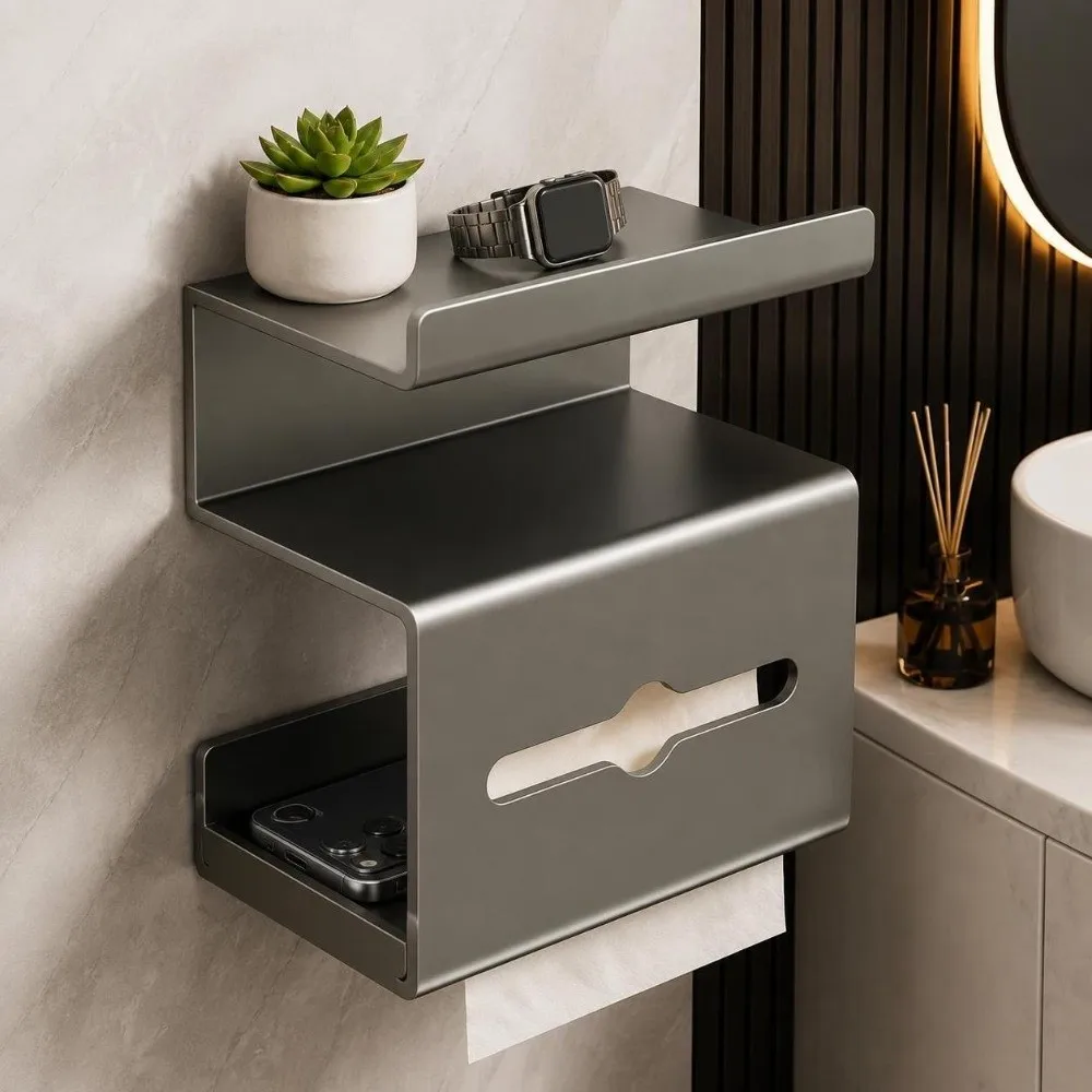 Wall-Mounted Toilet Paper Holder Multi-Tier Space Saving Tissue Box Drill-Free Easy To Install Storage Organizer Home