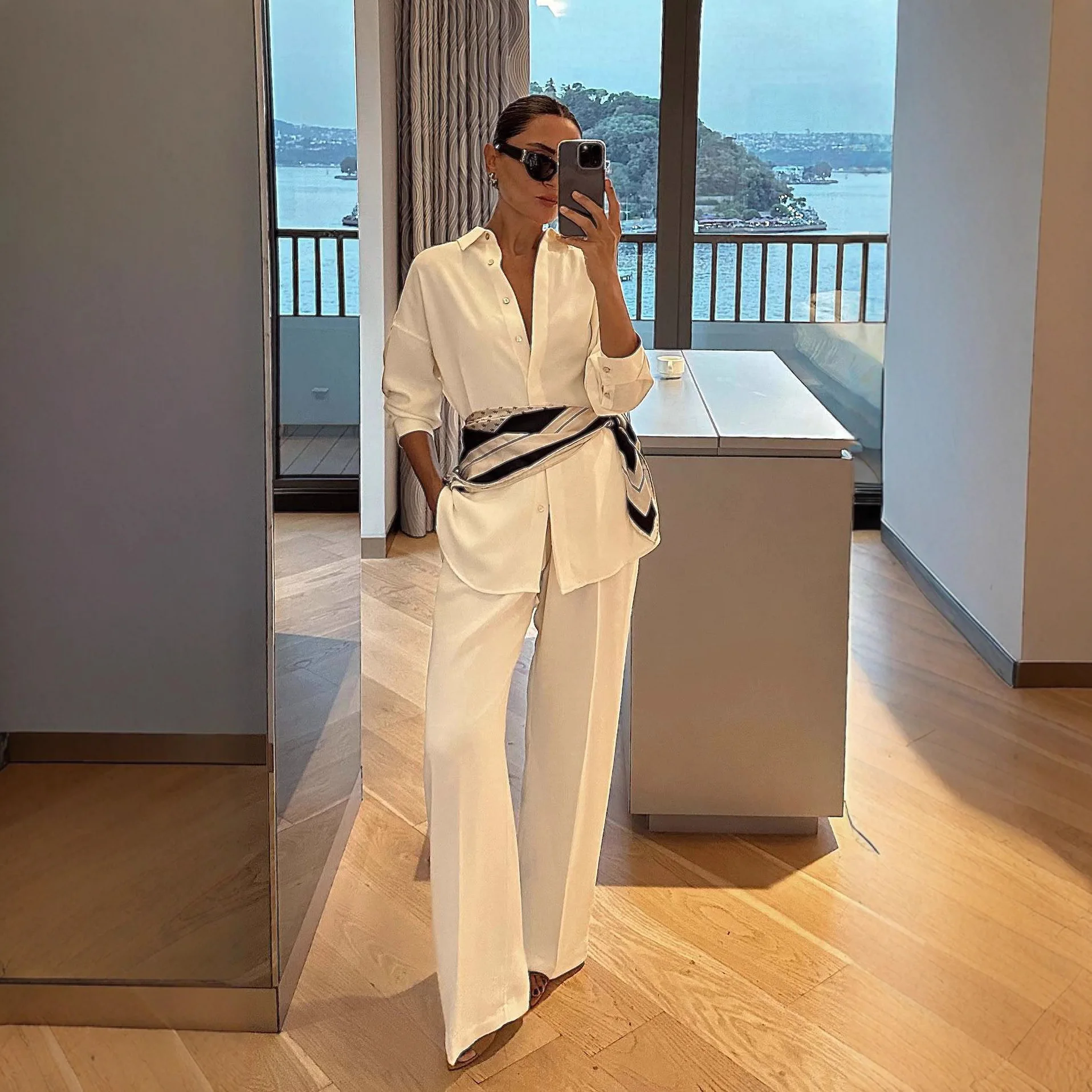 Fall New Fashion Long Sleeve Button Up Shirt Pants Set For Women Commute Style European And American Trade