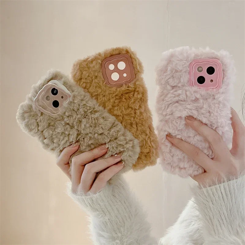 Cute Warm Winter Plush Fur Back Cover For Huawei P40 P50 P60 Pro Pura 70 Pro Plush Hair Fluff Toy Soft Stand Phone Case Cover