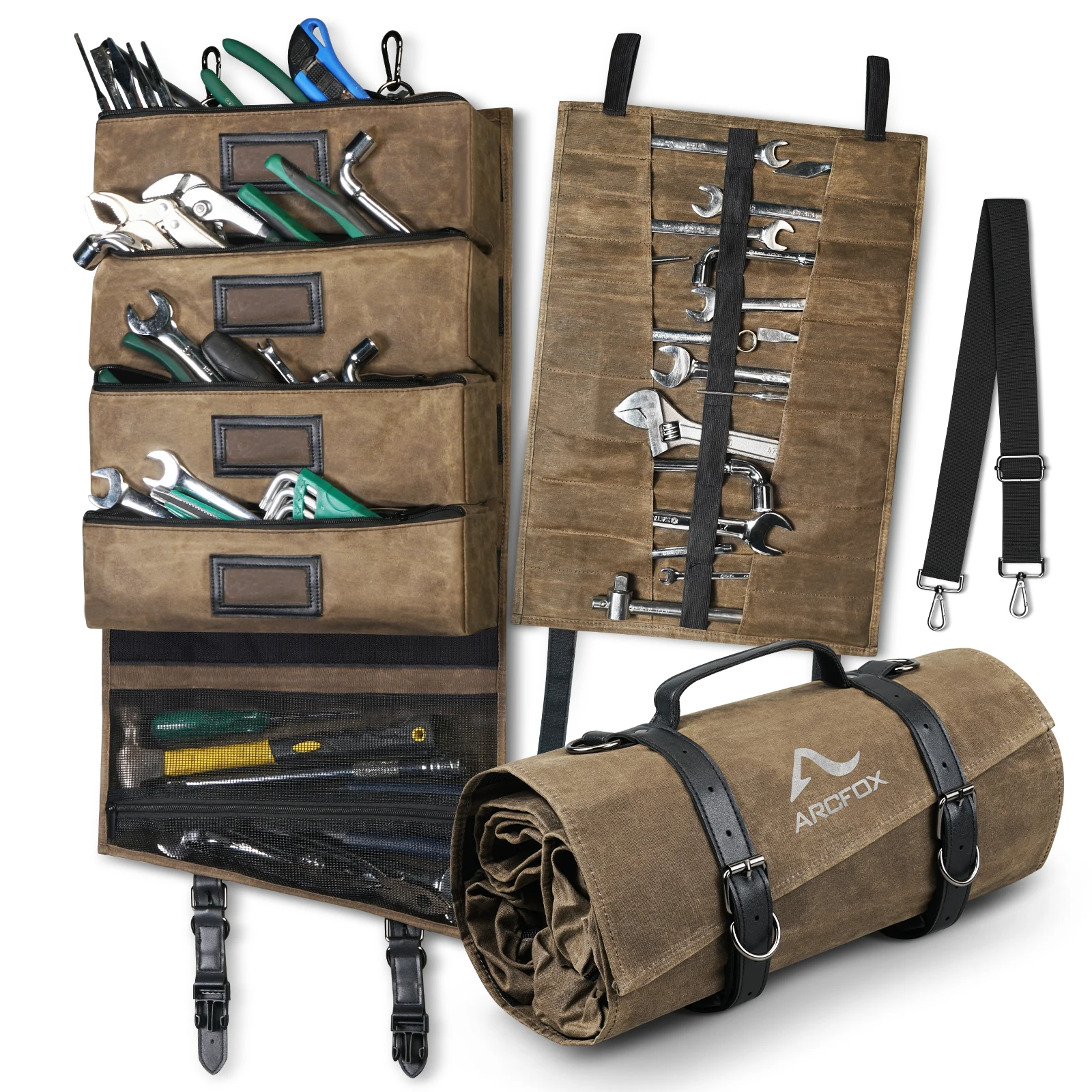 

Roll Up Tool Bag Heavy Duty Waxed Canvas Tool Storage Pack 5 Detachable Seperate Pouch Water-resistant Durable Outing Tool Pack