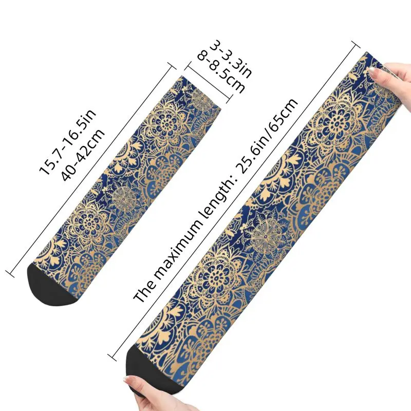 Kawaii Printed Blue And Gold Mandala Pattern Socks for Men Women Stretchy Summer Autumn Winter Buddhism Flower Crew Socks