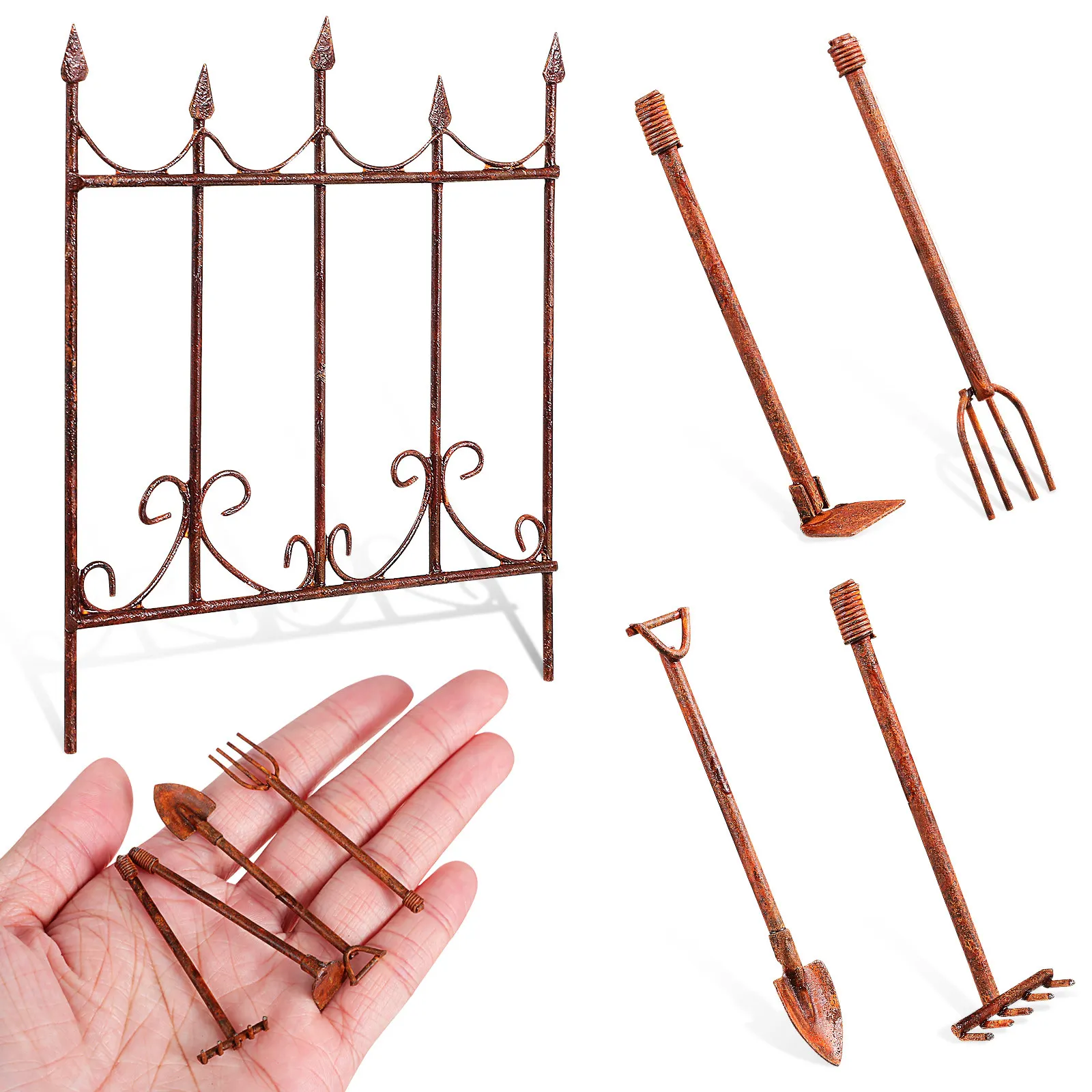 5Pcs Miniature Garden Tools Set Classic Hand Rake Shovel Spade Fence Rustic Landscape Decor for Miniature Gardens DIY Scenes