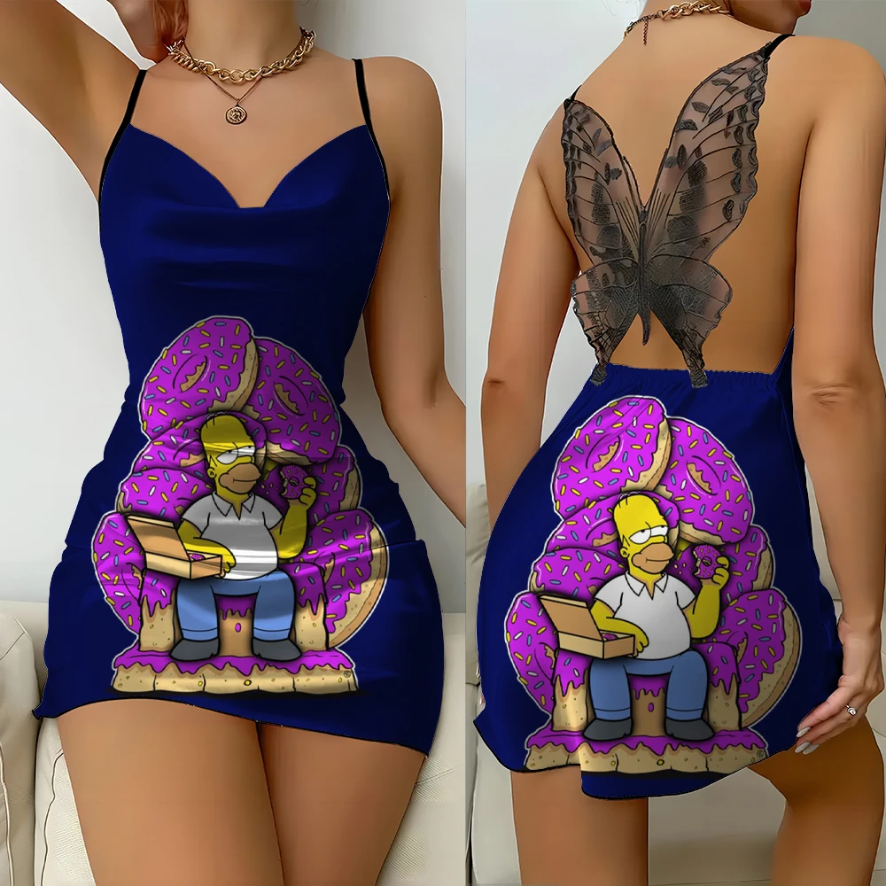 The Simpsons Printed Suspenders V-Neck Butterfly Backless Home Fashion Comfortable Pajamas Nightdress Summer Ladies Dress