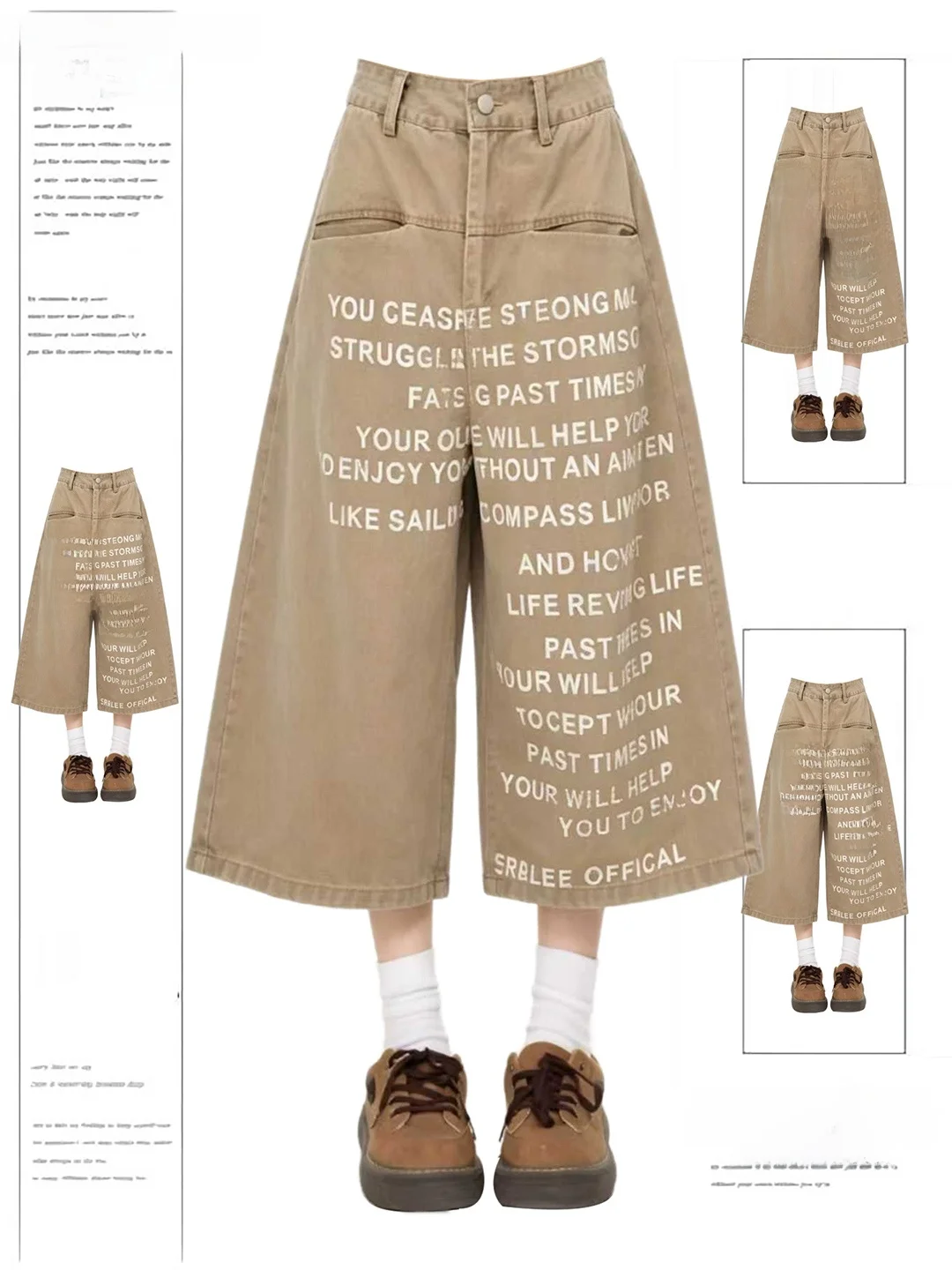 

American Letter Print Khaki Denim Seven-Foot Pants Women Summer New Design Loose Wide Leg Pants Knife Pants