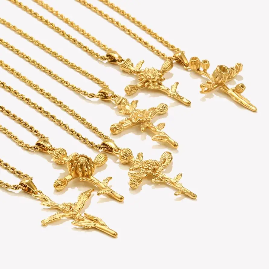 E.B.belle New Design Birth Month Flower Cross Necklace 18k Gold Plated Stainless Steel Fashion Women Jewelry