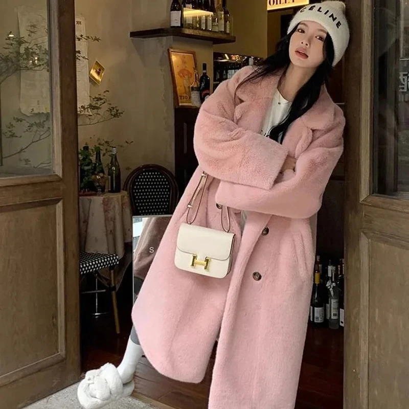 Faux Fur Coat Women Elegant Padded Thickened Fall Winter Outwear Imitation Mink Velvet Solid Warm Turn Down Collar Streetwear