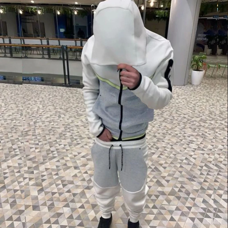 Fashion Solid Color Slim Two Piece Sets Men Fall Winter Casual Long Sleeve Zipper Hooded Sweatshirt And Pants Suits Mens Outfits