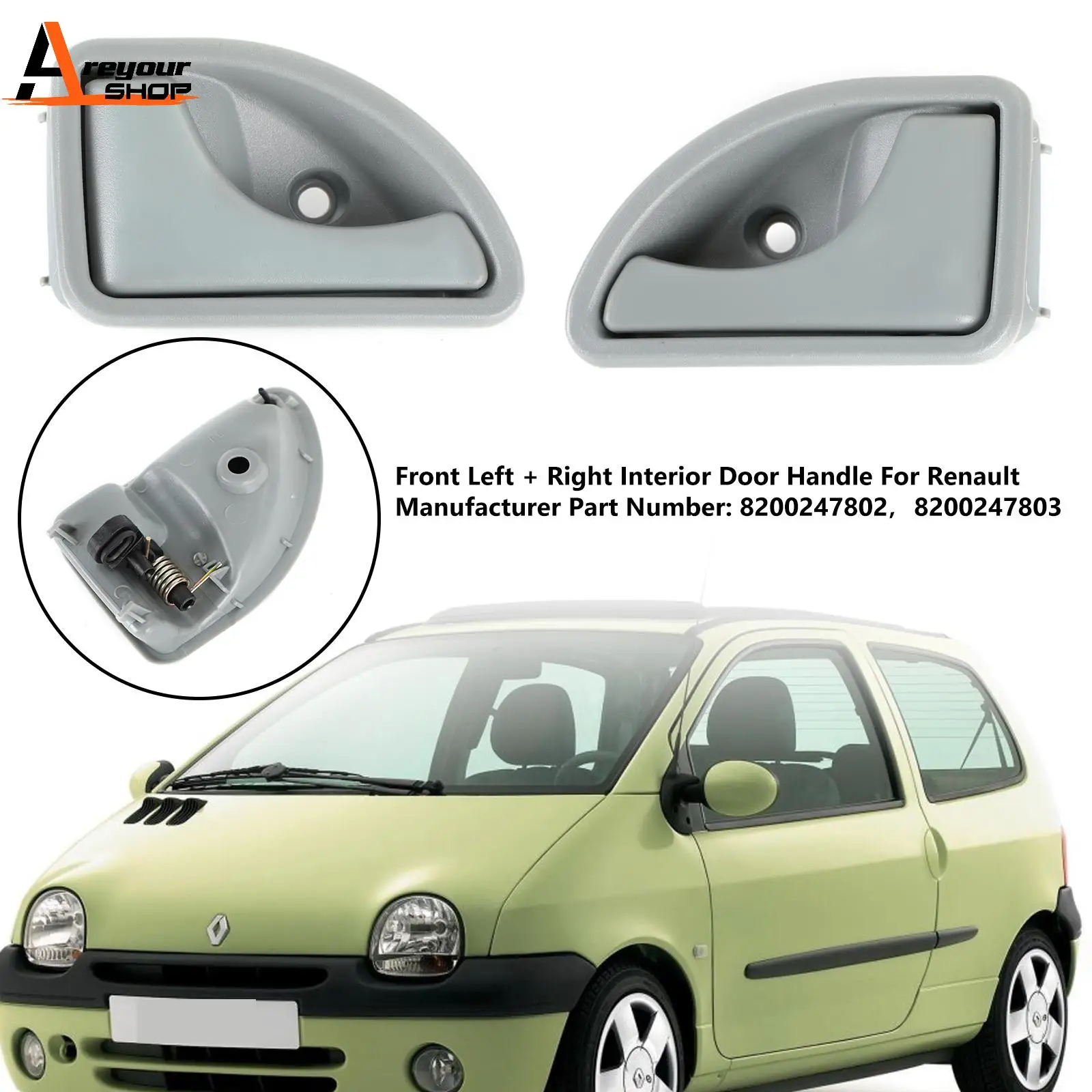 Areyourshop 2X Inner Door Handle Gray Front Left + Right for Renault Kangoo Twingo I 8200247802 8200247803