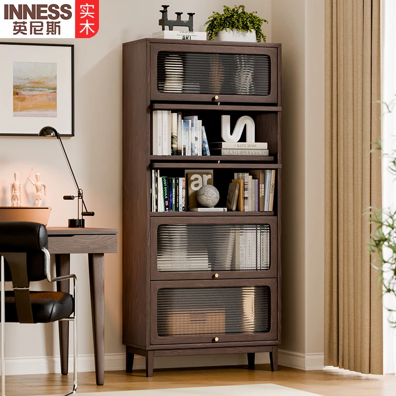 

Solid wood bookcase dust-proof with glass door bookshelf household living room floor rack multi-layer locker display cabinet