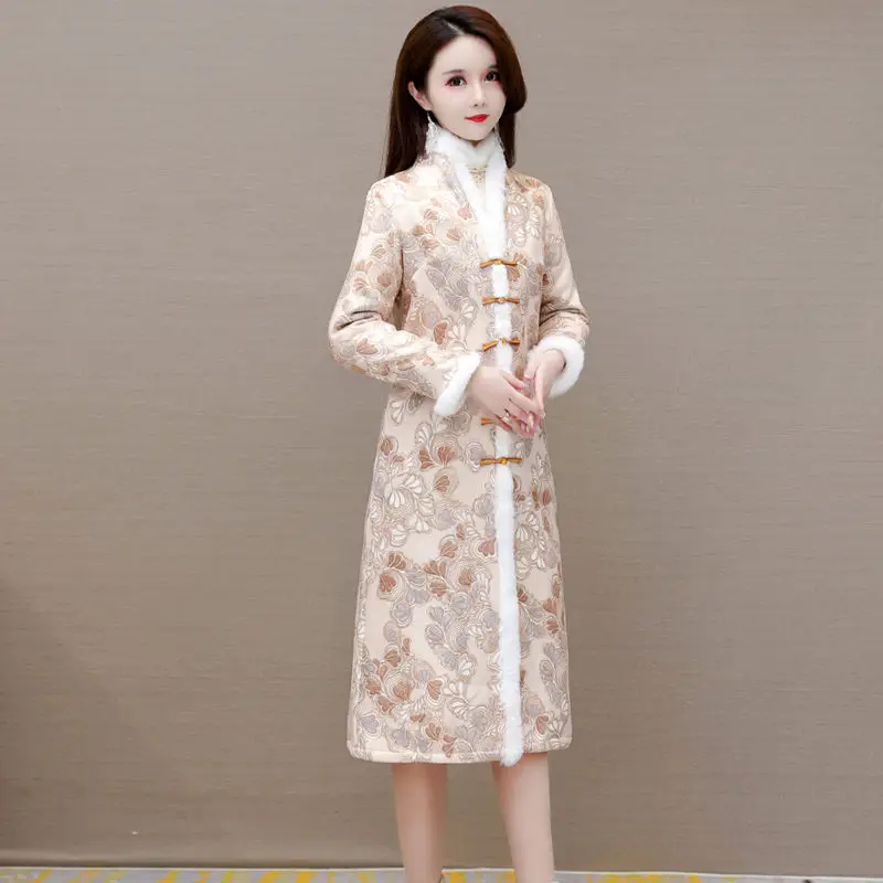 Chinese Style Autumn Winter Qipao Jacket Fleece Thickening Temperament High-End Women\'s Retro Elegant Cheongsam Long Coat T629