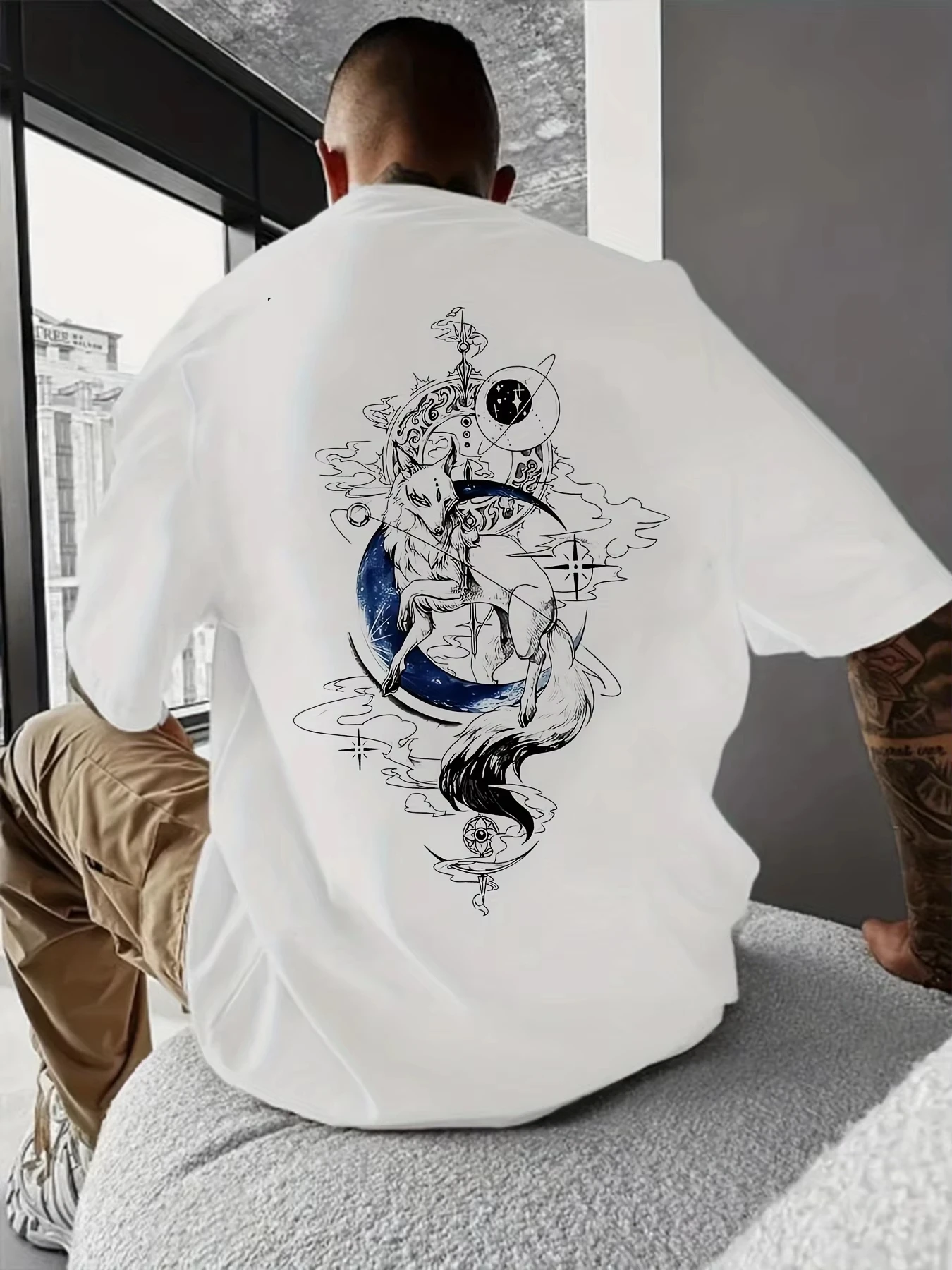 Men Cotton T-Shirt with Gothic Back Print - White Black Gothic Lettering Mystical Raven Moon Design Breathable Summer Short