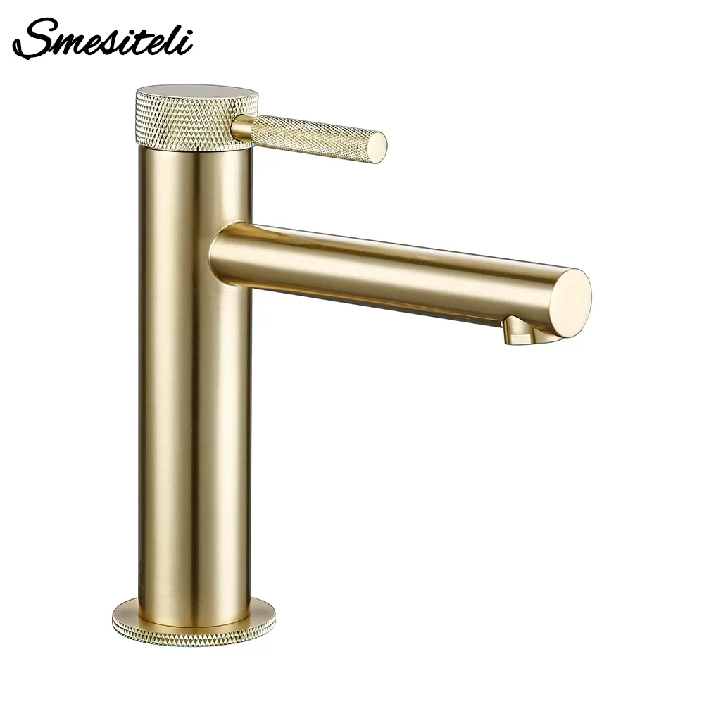 Brushed Gold Basin Faucet Hot And Cold Water Sink Tap Bathroom Mixe Knurled Single Handle Deck Mounted