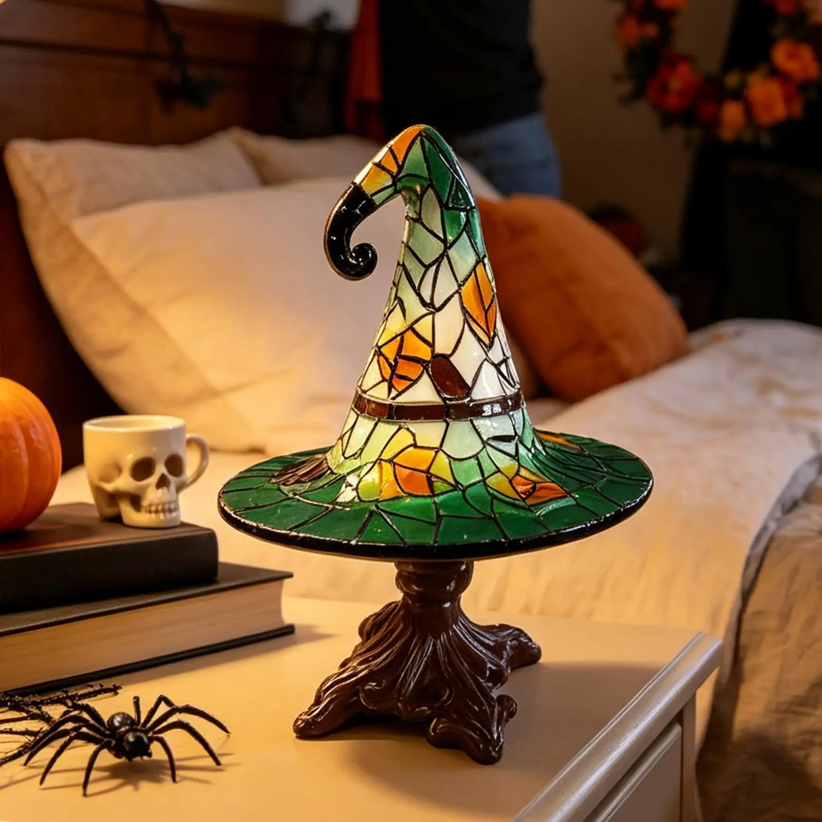 Halloween Witch Hat Lamp with Autumn Maple Leaves Resin Stained Glass Style Table Lamp for Home Office Dormitory Bar Decoration
