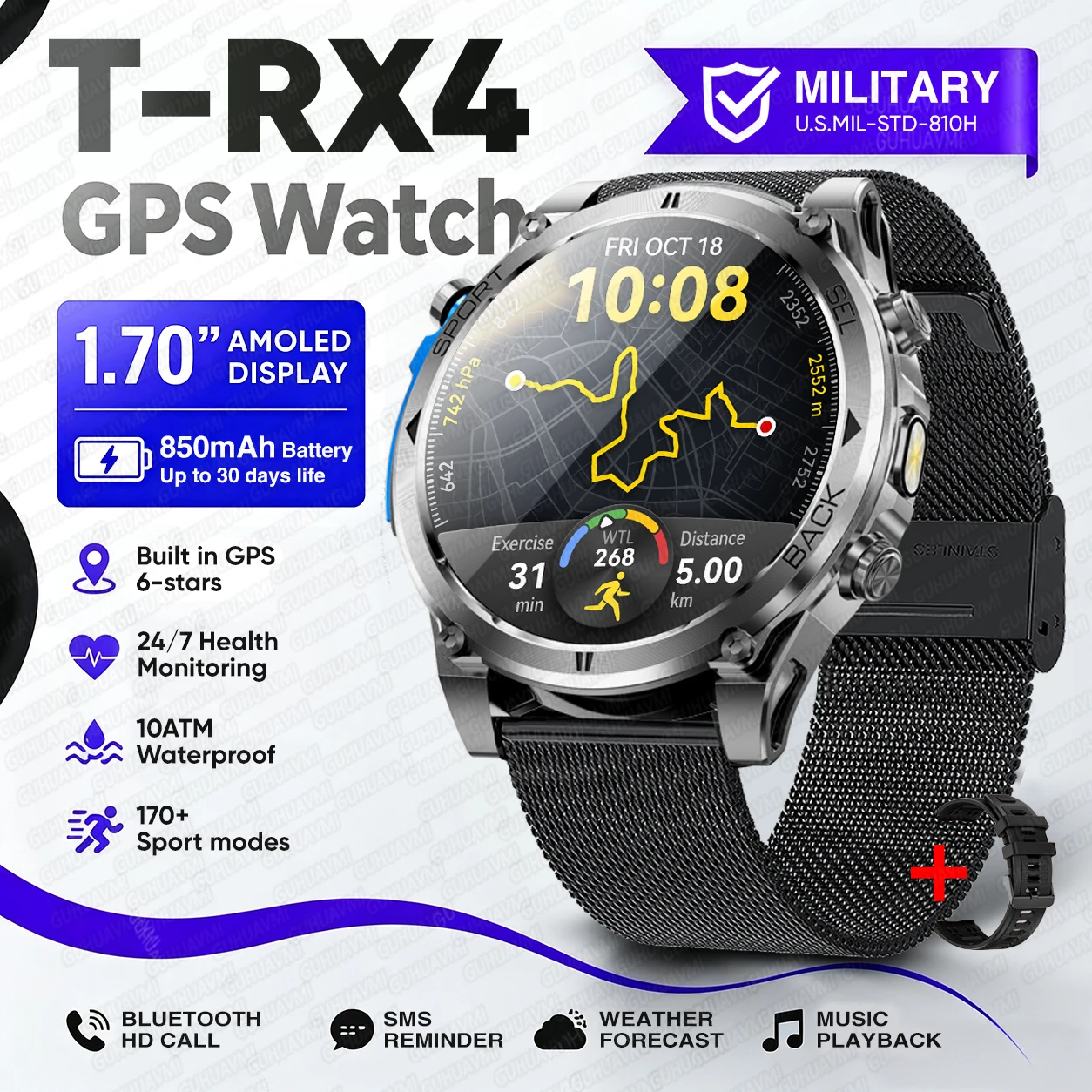 2026New Military T-RX4 Built in GPS Outdoor Smart Watch 10ATM Waterproof Compass 850mAh Battery 1.7”AMOLED Sports Fitness Clock image 3