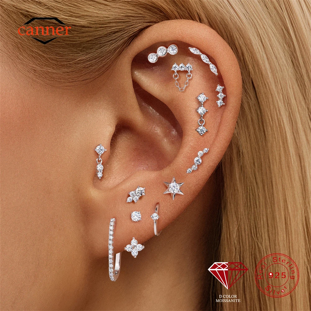 CANNER 1PC Classic Geometric Moissanite 925 Sterling Silver Flat Head Ear Bone Earring For Women Horse Eye Earring Jewelry Gift