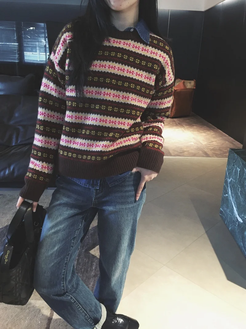 

Вязаный свитер Cuijia в стиле ретро с узором Fair Isle, универсальный шерстяной длинный пуловер для женщин, зимняя мода