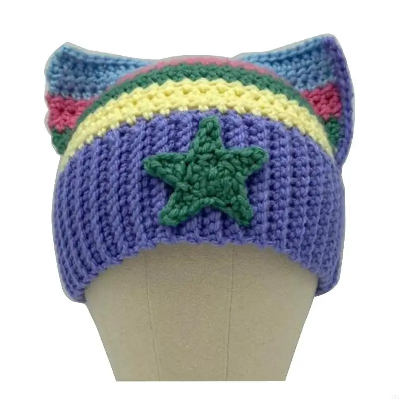 

L5YA Вязаная шапка ручной работы крючком Элегантная шляпа со звездой для девочек-подростков Y2K Шапка с кошачьими ушками