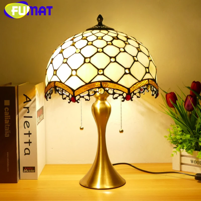 

FUMAT Tiffany style stained glass American retro desk lamp for bedroom study bedside table lamp cafe hotel restaurant LED decor