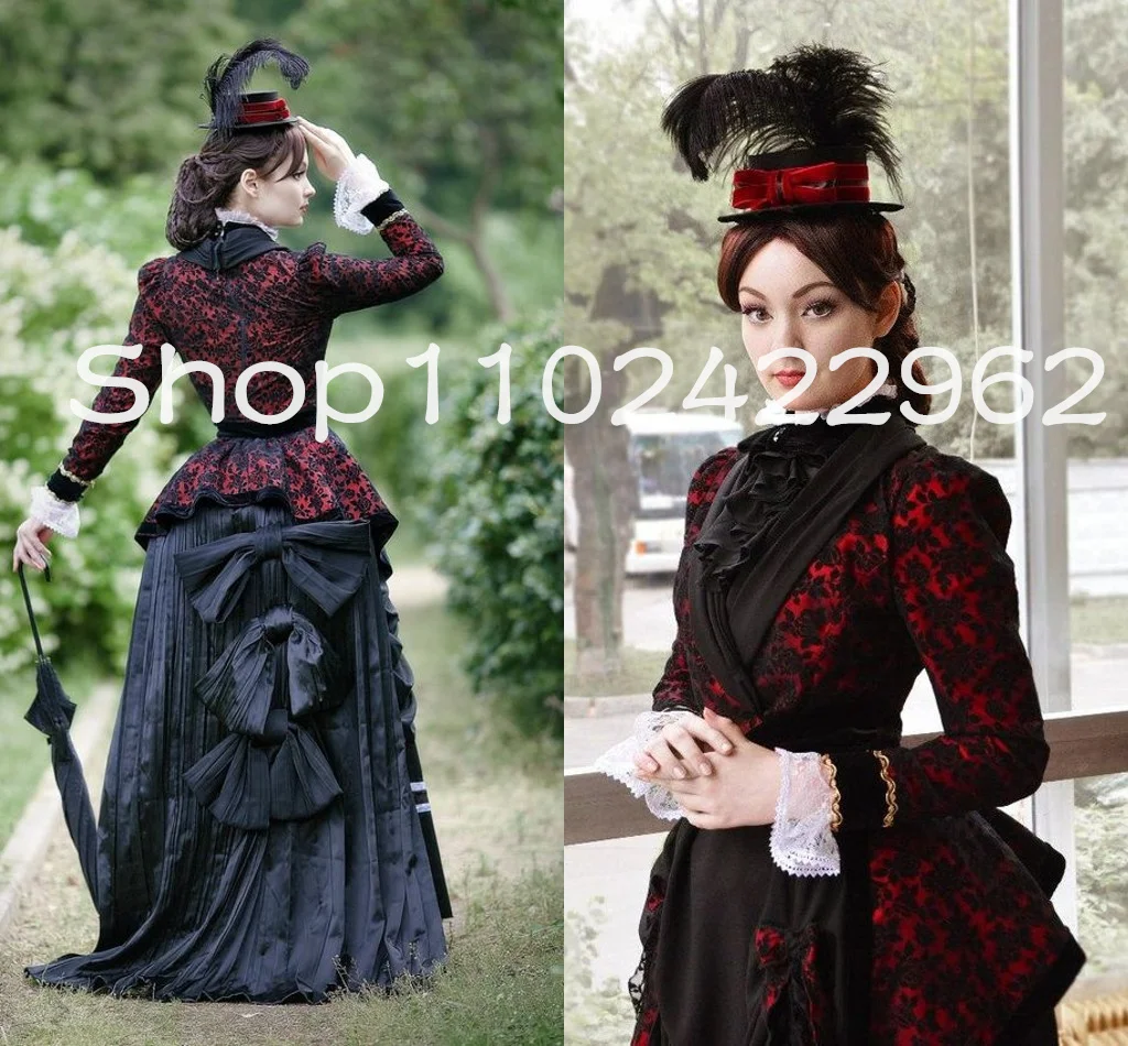 Black Red Gypsy Steampunk Prom Party Dresses with Long Sleeve Ruched Ruffles Skirt Cosplay Goth Bustle Evening Gown