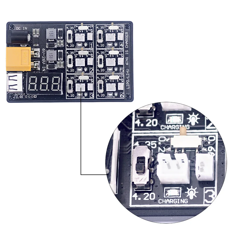 Placa do carregador de bateria Lipo LiHv, RC Quadcopter FPV Racing Drone, 6 em 1, 3.7V, 3.8V, 1S, Tiny 6, 7QX65, Mobula7, Mobula 6