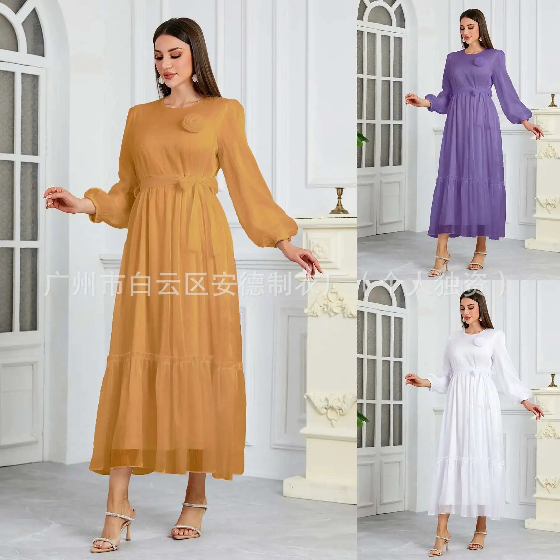 

Women's New Fashionable and Elegant Crepe Round Neck Waist Belt Cinched Dress Temu Robe Abaya Ramadan Dubai Luxury Islam Elegant